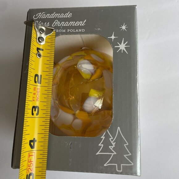 Handmade Polish Mouthblown Glass Ball Christmas Ornament, Poland, Yellow, Orange - Picture 4 of 5